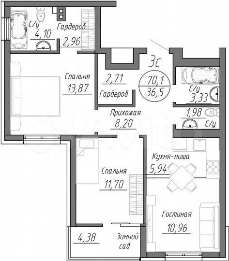3-к. квартира, 70,1 м², 22/25 эт.