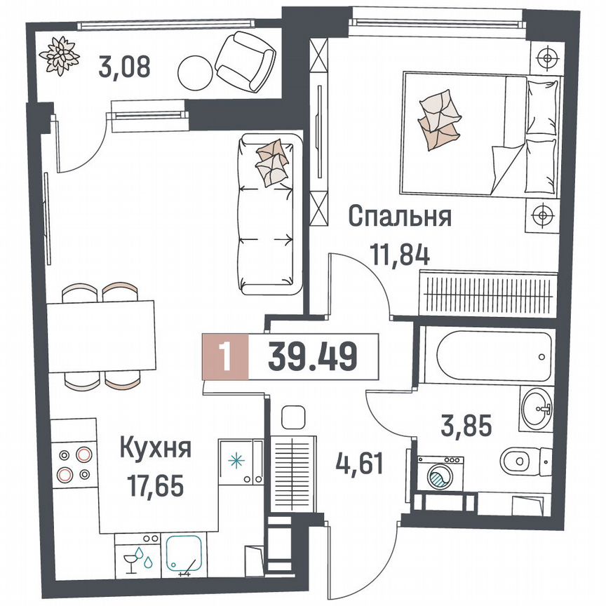 1-к. квартира, 39,5 м², 12/18 эт.