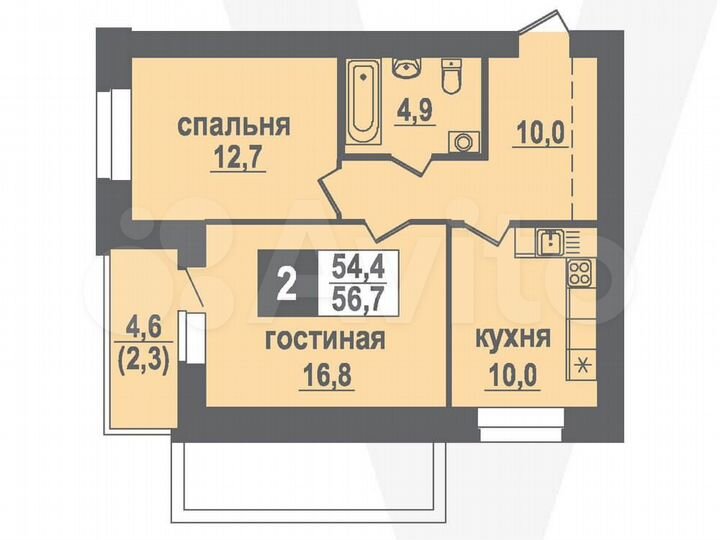 2-к. квартира, 56,7 м², 1/10 эт.