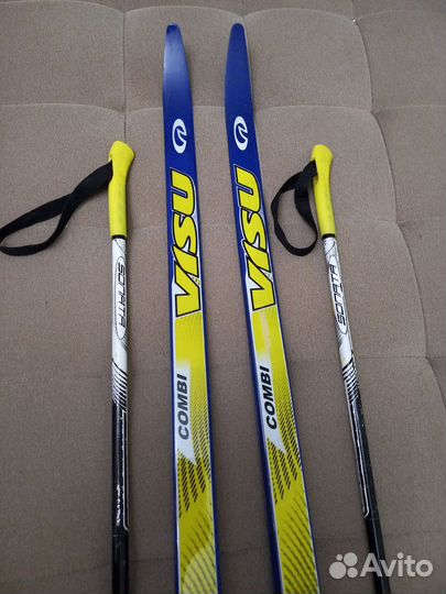 Лыжи 150см, палки, ботинки 34