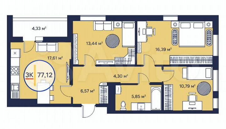3-к. квартира, 77 м², 3/23 эт.