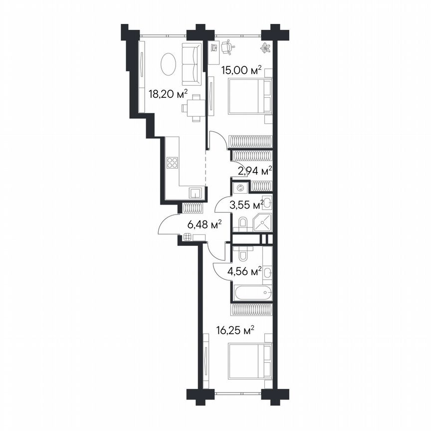 2-к. квартира, 67 м², 22/25 эт.