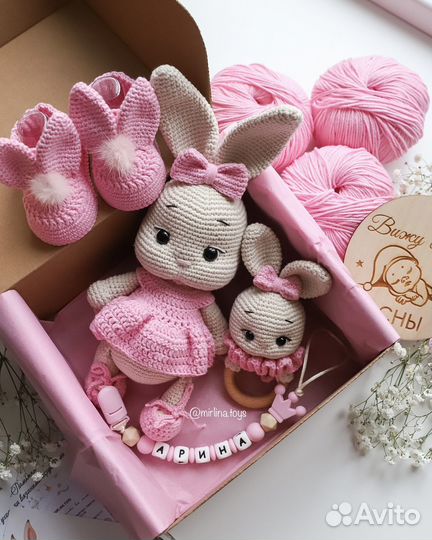 Вязаная игрушка, погремушка, пинетки, держатель