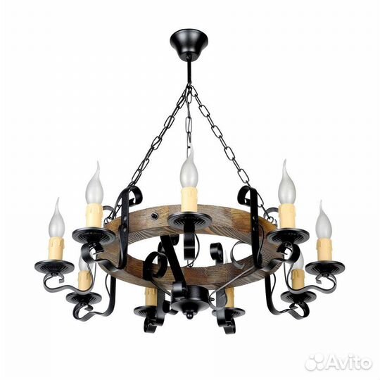 Деревянная люстра-колесо с элементами ковки