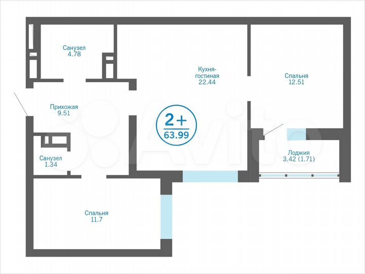 2-к. квартира, 64 м², 12/17 эт.