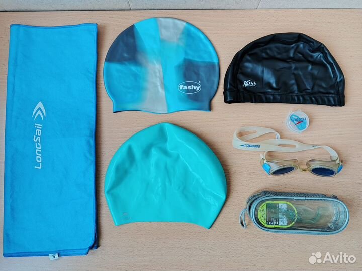 Шапочки для бассейна, очки, полотенце, зажим