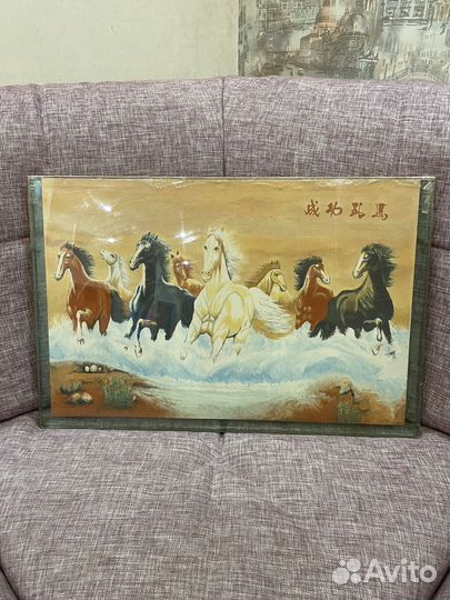 Картина с лошадьми в стекле из песка