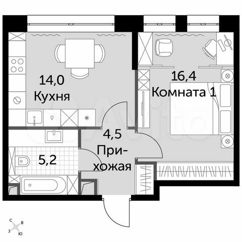 1-к. квартира, 40,1 м², 4/44 эт.