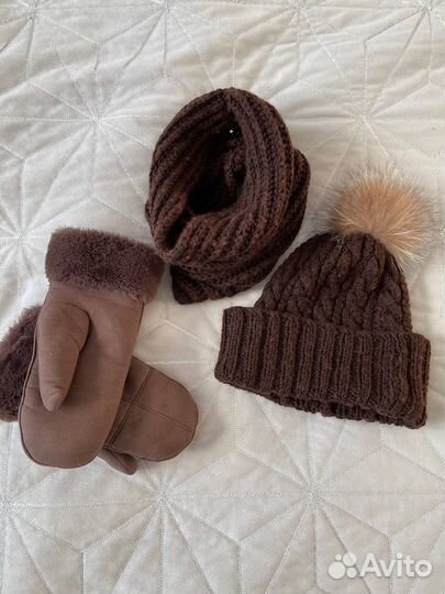 Шапка, снуд, варежки коричневые