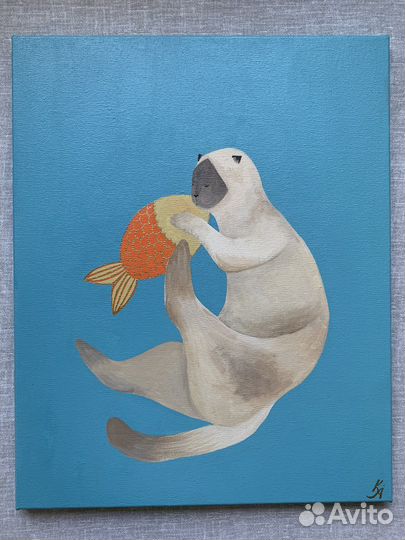 Картина кот с золотой рыбкой 40х50 холст