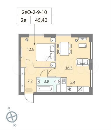 2-к. квартира, 45,4 м², 10/15 эт.