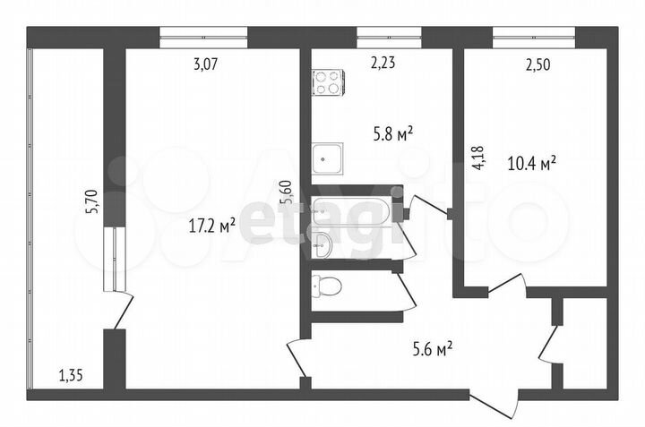 2-к. квартира, 47,5 м², 5/5 эт.