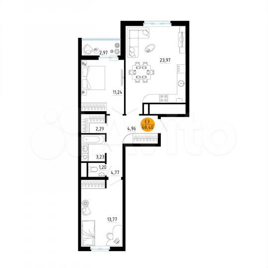2-к. квартира, 68,4 м², 13/25 эт.