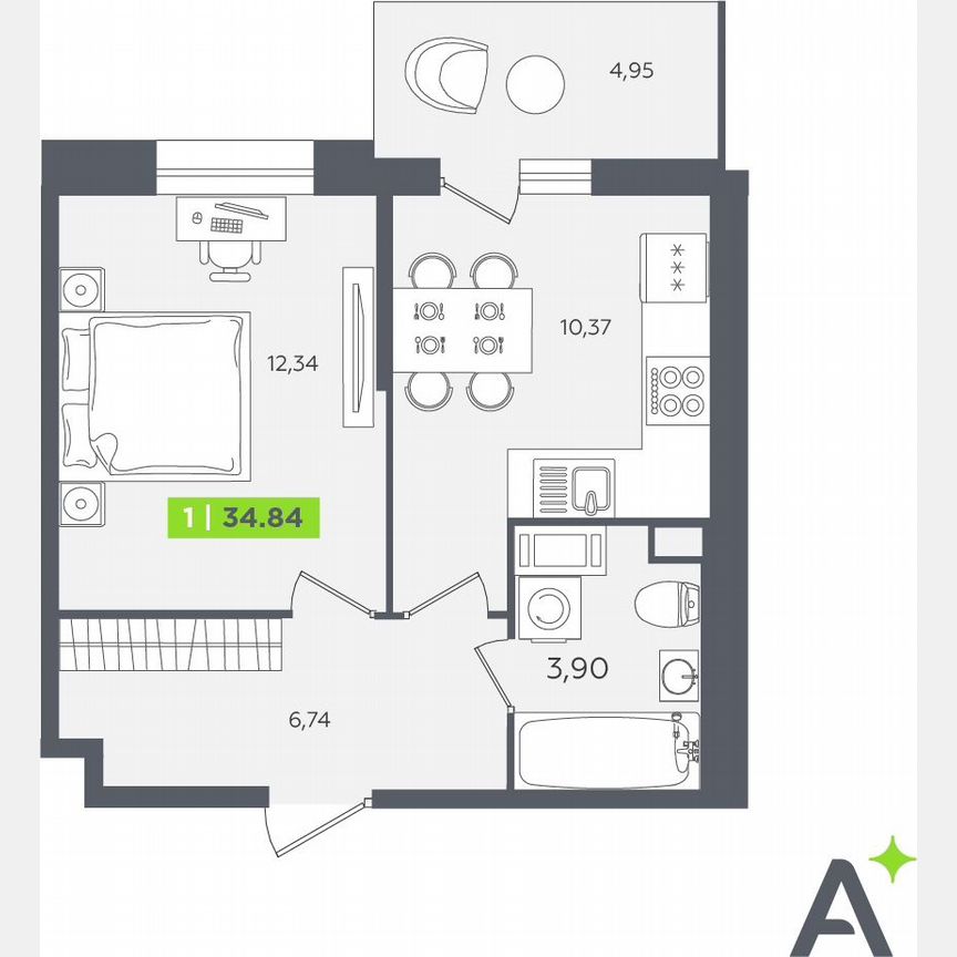 1-к. квартира, 34,8 м², 3/12 эт.