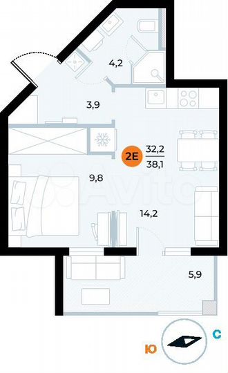 1-к. апартаменты, 38,1 м², 4/7 эт.