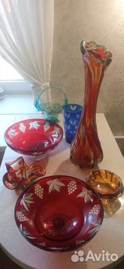 Ваза для фруктов цветное стекло СССР