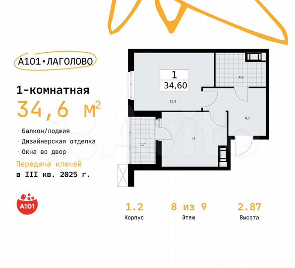 1-к. квартира, 34,6 м², 8/9 эт.
