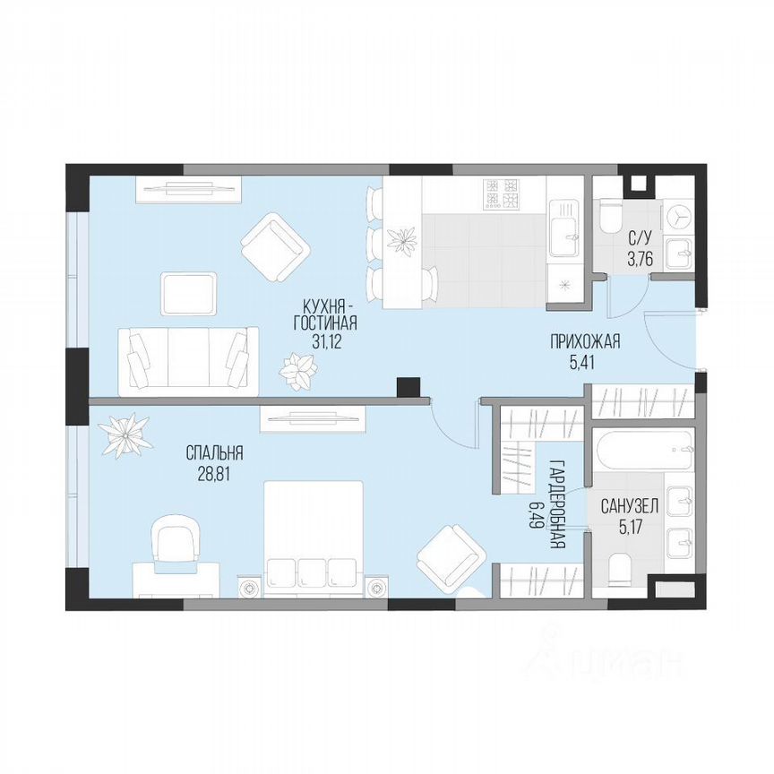 1-к. квартира, 74,3 м², 2/6 эт.