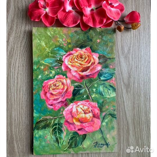 Картина Роза миниатюра маслом Красные цветы арт