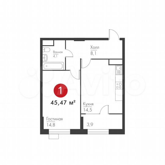 1-к. квартира, 45,5 м², 6/9 эт.