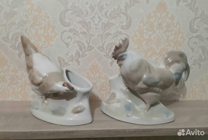 Фарфоровые салфетницы петух и курица, рыбка