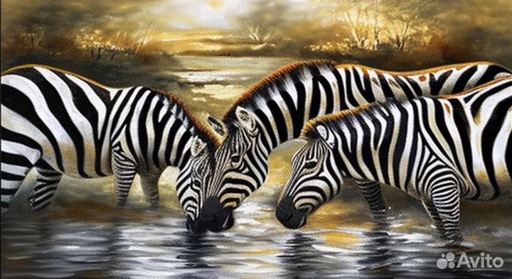 Большая картина маслом с любовью Зебры у источника