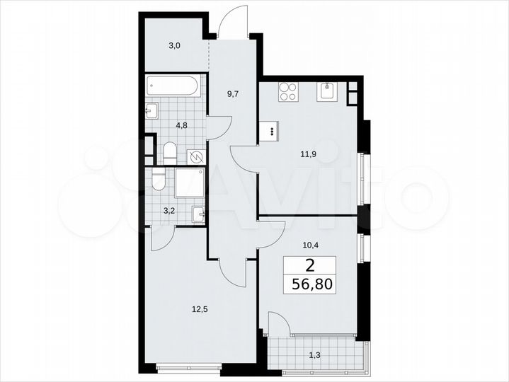 2-к. квартира, 56,8 м², 3/16 эт.