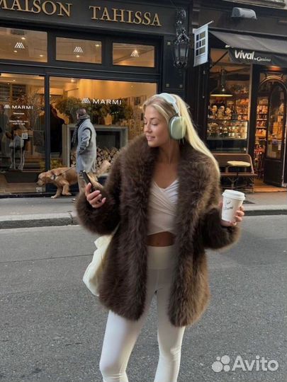 Шуба с капюшоном коричневая XS S lime zara новая