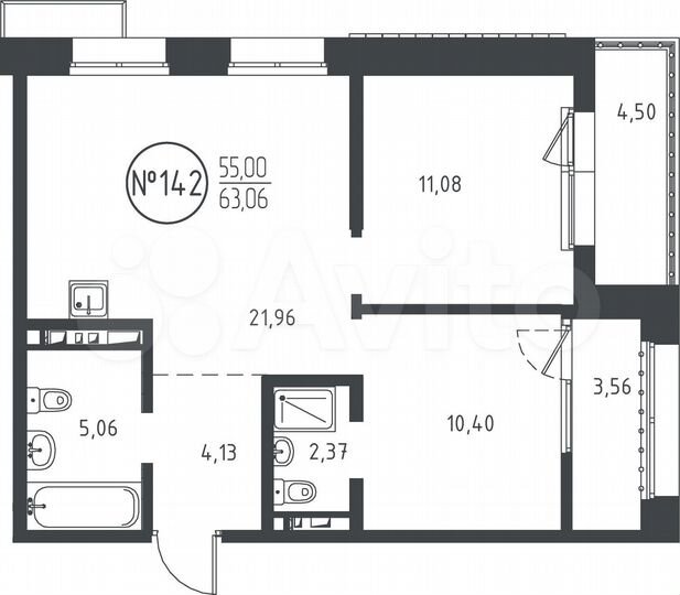 2-к. квартира, 63,1 м², 7/10 эт.