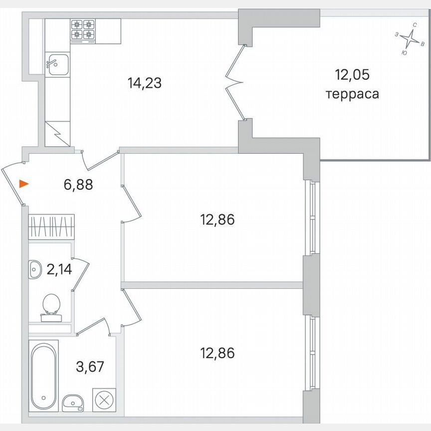 2-к. квартира, 56,3 м², 1/4 эт.