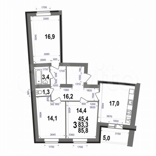 3-к. квартира, 85,8 м², 5/5 эт.