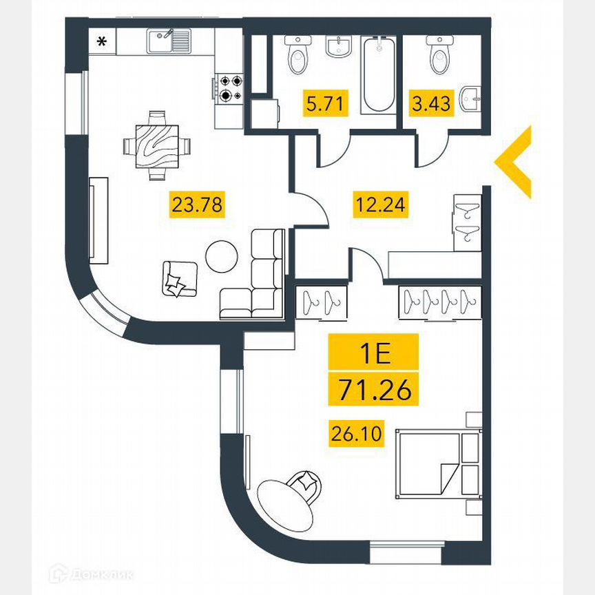 1-к. квартира, 71,7 м², 3/7 эт.