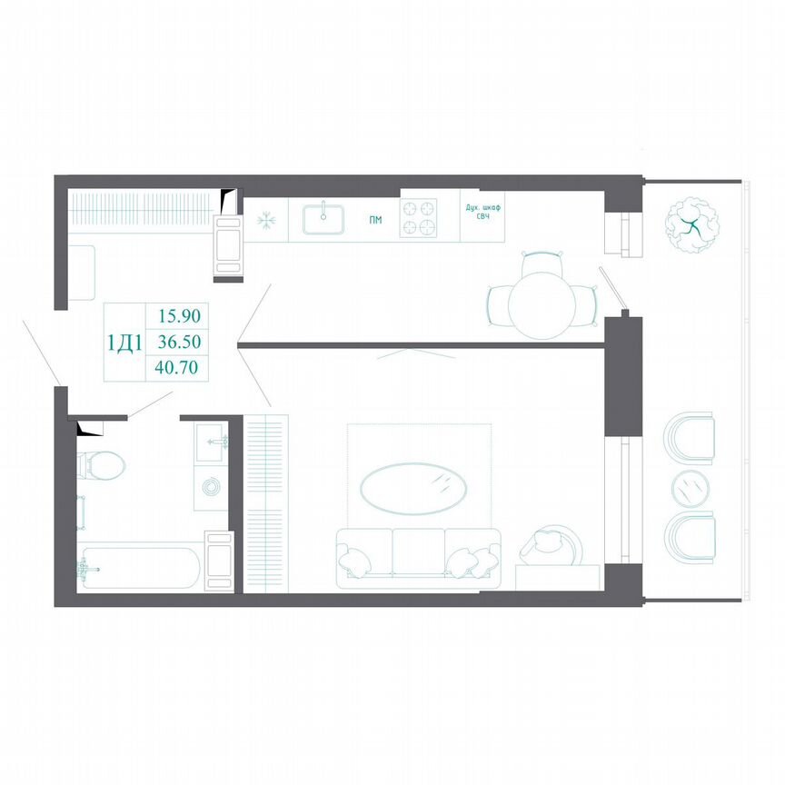 1-к. квартира, 40,7 м², 16/19 эт.