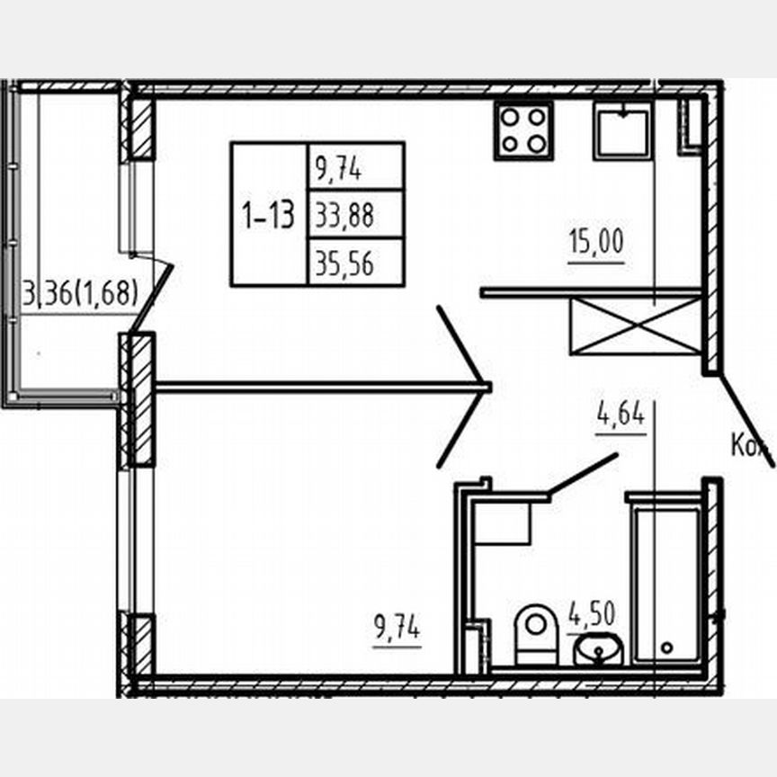 1-к. квартира, 33,8 м², 1/4 эт.