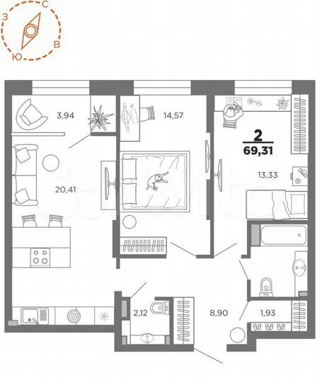 2-к. квартира, 67,3 м², 18/22 эт.