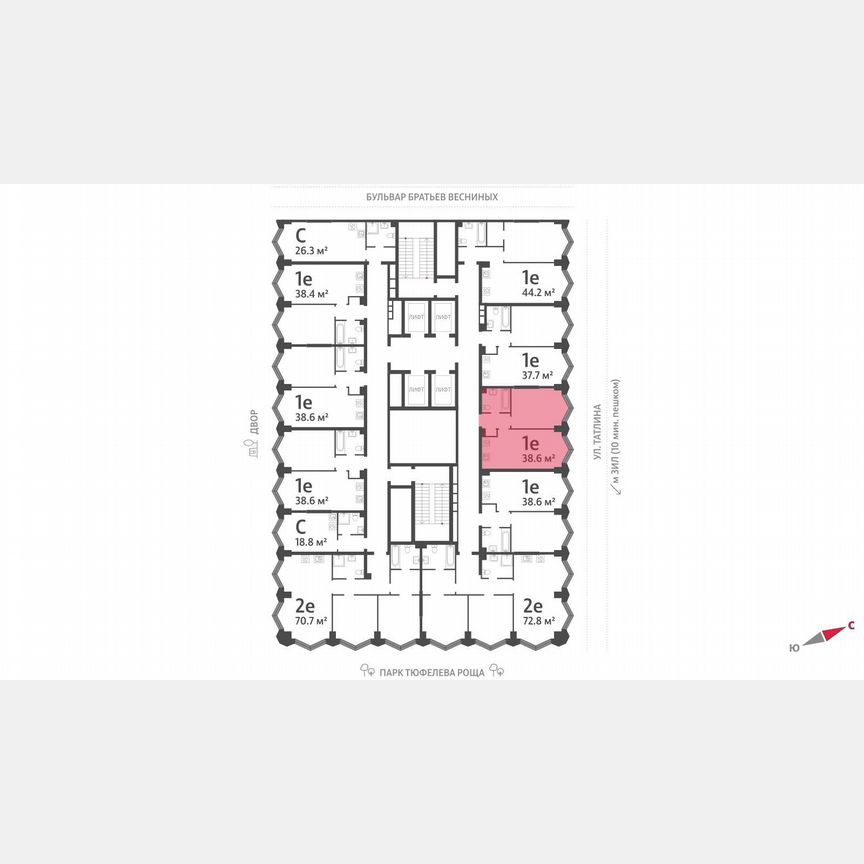 1-к. квартира, 38,6 м², 12/43 эт.