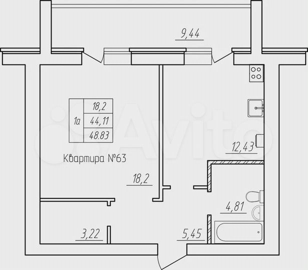 1-к. квартира, 48,8 м², 1/5 эт.