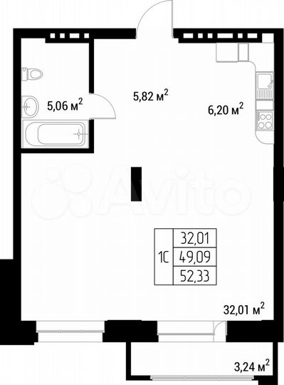 Квартира-студия, 52,3 м², 2/9 эт.