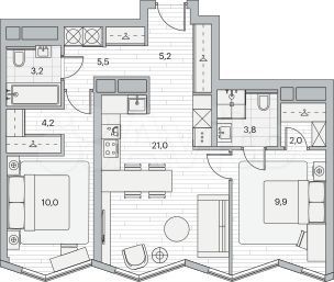 2-к. квартира, 64,8 м², 13/22 эт.