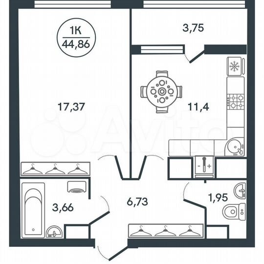 1-к. квартира, 44,9 м², 16/17 эт.