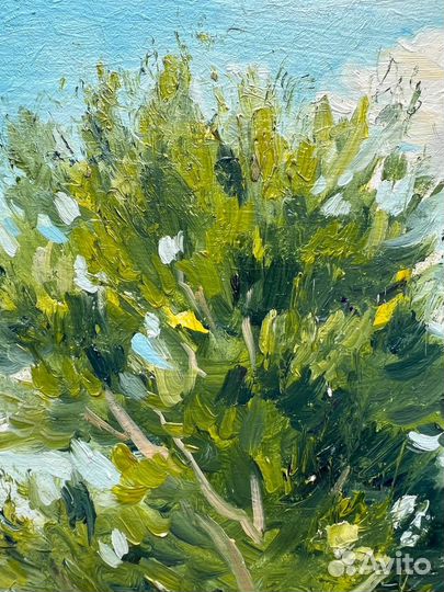 Картина маслом летний пейзаж небо облака дерево