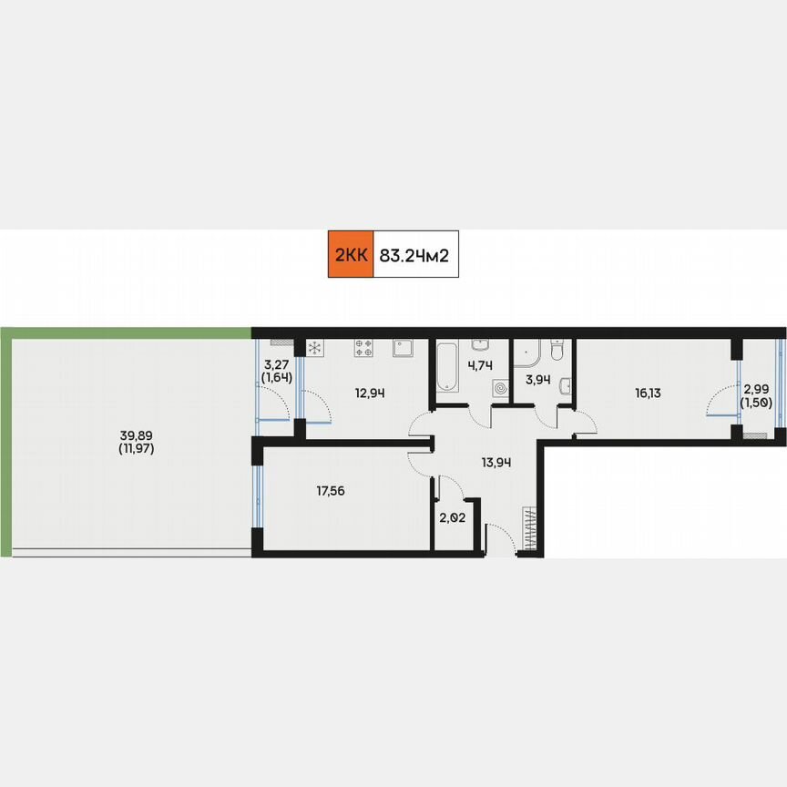 2-к. квартира, 86,8 м², 2/9 эт.