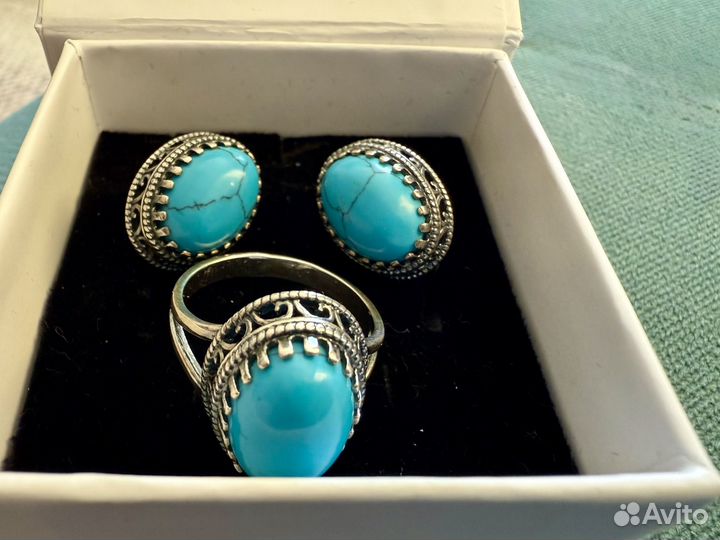 Серьги и кольцо бирюза иск