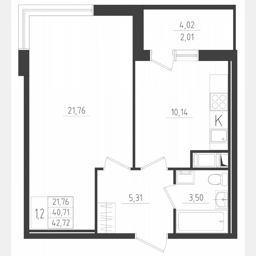 1-к. квартира, 42,7 м², 2/8 эт.