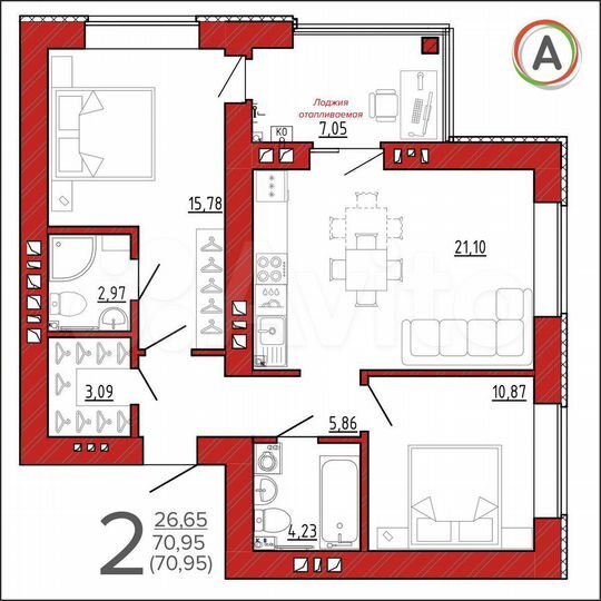 2-к. квартира, 71 м², 1/9 эт.