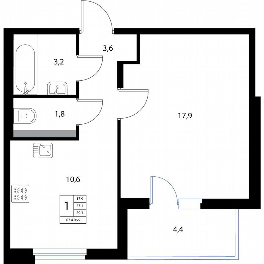 1-к. квартира, 39,3 м², 3/3 эт.