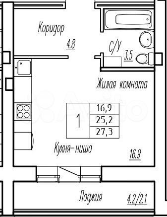 Квартира-студия, 25,2 м², 2/9 эт.
