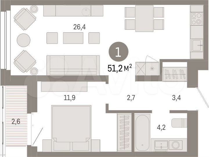 1-к. квартира, 51,2 м², 3/17 эт.
