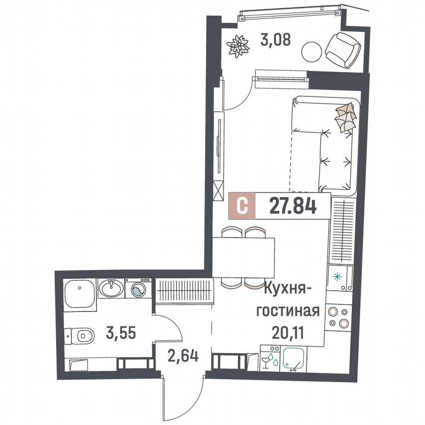 Квартира-студия, 27,8 м², 13/18 эт.