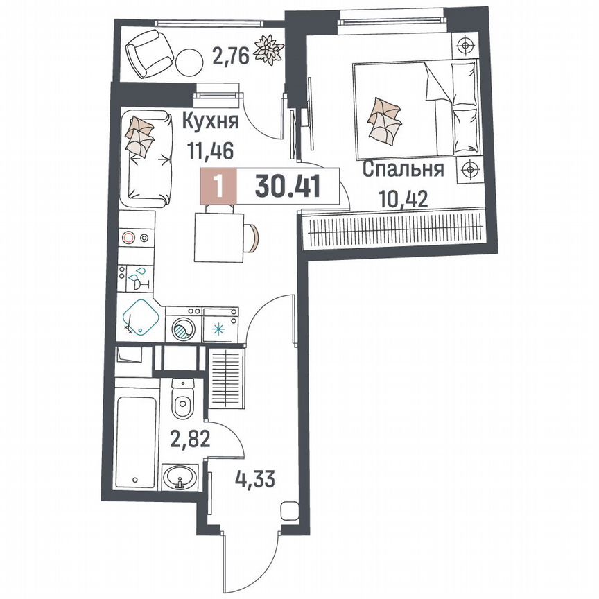 1-к. квартира, 30,4 м², 14/18 эт.